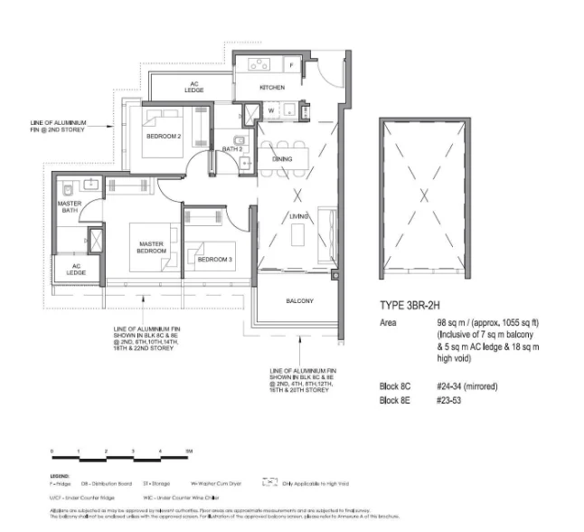 3-Bedroom floor plan — 9xx to 1,1xx sqft family layout with dry and wet kitchen